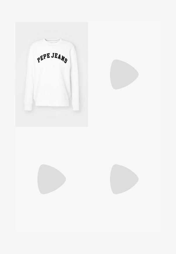 Baltas medvilnės sportinis džemperis, turi apvalų kaklą, ilgomis rankovėmis ir juodu užrašu "PEPE JEANS" priekyje.; Pilkos kelnes, pagamintos iš lygios medžiagos, tiesaus kirpimo, su mygtuko užsegimu ir dirželių kilpomis; minimalūs siūlės ir be raštų.; Juodos zomšinės sportbačiai su balta šonine juostele, baltomis raišteliais ir guminiu padu. Klasikinis žemas dizainas su tekstūruotais akcentais ir apvaliu nosiu.; Juodas per petį nešiojamas krepšys su užtrauktuku, stačiakampio formos, pagamintas iš audinio, su logotipo siuviniu priekyje, reguliuojamo ilgio petneša.