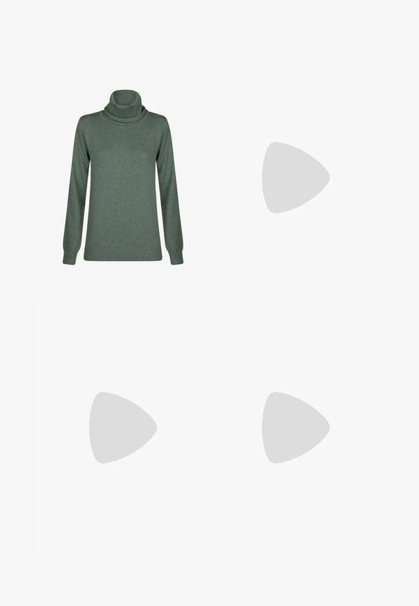 Pull à col roulé vert en matière douce, avec des manches longues et un ourlet et des poignets côtelés, présentant une texture lisse sur l'ensemble.; Une jupe à mi-longueur en tissu léger avec un motif abstrait beige, marron et vert. Elle présente une taille ajustée et une coupe fluide.; Sandale à talon haut en daim rose avec un talon bloc, bout ouvert et bride de cheville avec une détail de boucle en or. Bande avant plate.; Sac à épaule en faux cuir brun, de forme arrondie, avec des coutures minimales et un accent en matériel doré. Il possède une fermeture zippée sur le dessus et une sangle réglable.