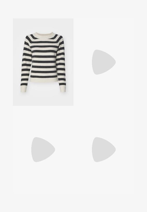 Striped sweater with black and cream horizontal stripes, ribbed cuffs and hem, round neckline, and soft texture. Mid-length sleeves.; Wide-leg jeans in dark blue denim. Features five pockets, belt loops, and a raw hem at the bottom with visible stitching details.; Pair of two-tone brown and white leather loafers with stitching details and black chunky soles on a plain background.; Black leather handbag with a curved shape, detachable strap, and gold hardware. The bag features a flap with a buckle detail.