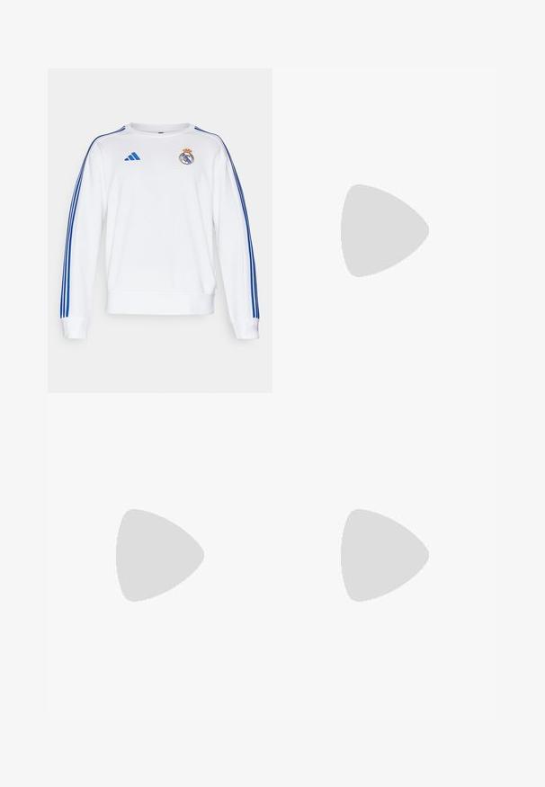 Sudadera blanca con franjas azules de Adidas en las mangas y el logo del Real Madrid en el pecho. Presenta puños y dobladillo de canalé.; Camiseta de algodón azul marino con cuello redondo y mangas cortas. Presenta un logo impreso en blanco en la parte izquierda del pecho.; Pantalones de chándal azul marino, confeccionados en tejido elástico, con una ancha cintura elástica, corte recto y ligeros paneles laterales con logotipos.; Zapatillas de deporte de color crema claro con diseño de tres rayas negras, parte superior texturizada, punta redonda y suela de goma. Incluye cordones y logotipo en el lateral.