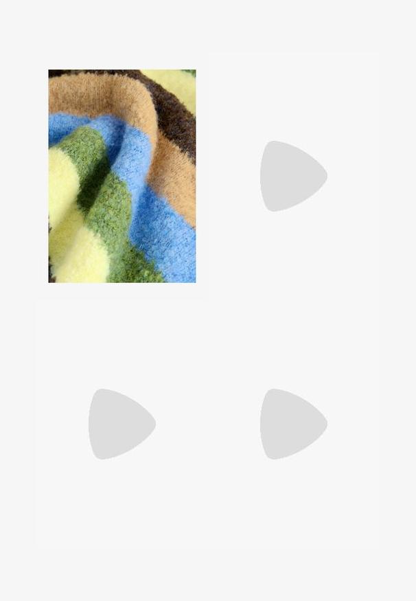Multicolored blanket featuring thick, soft texture with stripes in green, blue, beige, brown, and yellow. Cozy and plush material.; Denim overalls in dark blue, featuring adjustable straps, a front pocket, side buttons, and a wide-leg silhouette with cuffed hem.; Brown suede slip-on shoe with red and cream patterned trim, textured sole, and UGG logo on side. Features a slight platform height.; Black sunglasses with oval lenses, glossy plastic frame, and slender arms. Features Ray-Ban logo in white on the side.
