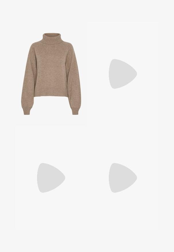 Maglione beige a collo alto in morbido tessuto knit. Presenta una vestibilità comoda, polsini e orlo a coste. Texture liscia con dettagli minimi.; Pantaloni a gamba larga di un leggero colore crema. Realizzati in un tessuto morbido con pieghe sul davanti e tasche laterali.; Scarpa piatta in suede beige con punta affusolata e una cinghia regolabile con fibbia in metallo sul lato per la chiusura.; Borsa a mano in pelle marrone con forma conica, manici robusti e cuciture bianche a contrasto. Presenta una tracolla removibile per una maggiore versatilità.