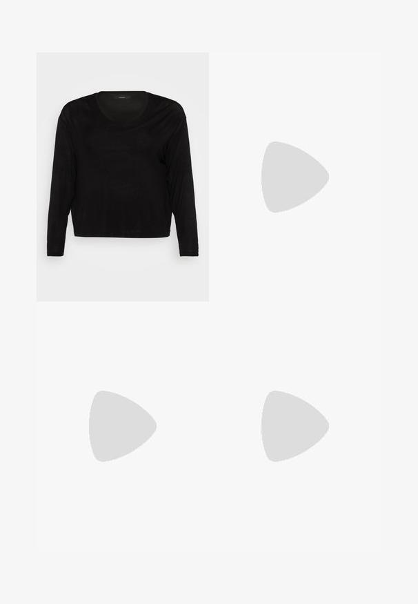 Vero Moda Curve VMCNOVA LS V-NECK GA NOOS CUR - Džemperis - black; Juodos plačios kelnės iš denimo, turinčios struktūruotą juosmenį, diržo kilpas ir priekines kišenes. Lygus paviršius su klasikinio dizaino elementais.; Juodos lakuotos odinės šlepetės su smailiu pirštu ir geometriniu bloko kulnu. Turi elegantišką, minimalistinį dizainą ir lygų paviršių.; Juodas odinis tote krepšys su lygia tekstūra, stačiakampio formos ir dviem ilgais rankenomis. Matomų metalinių detalių ar puošybos nėra.