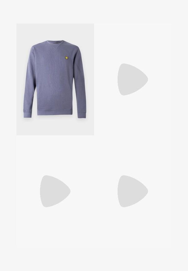 Purple crew neck sweatshirt made from soft fabric, featuring ribbed cuffs and hem, with a small embroidered yellow logo on the chest.; Long-sleeved white cotton shirt with a round neckline, side slits at the bottom, and a smooth texture, displayed from the back.; Light blue denim jeans with a straight-leg design, five pockets, button closure, minimal fading, and contrasting stitching details.; White sneaker with a smooth leather upper and a low profile. Features a rounded toe, six eyelets, and a textured rubber sole.