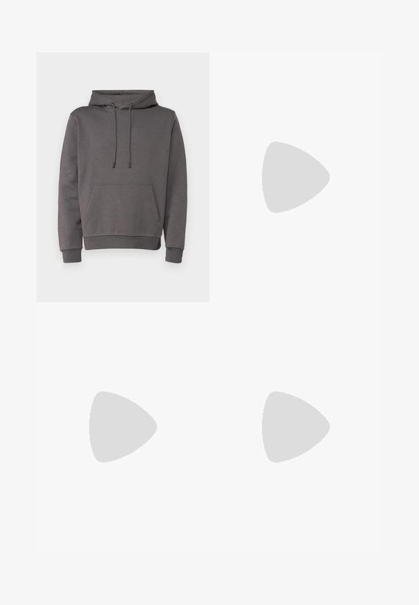 Gray hoodie made of soft material, featuring a kangaroo pocket, adjustable drawstring hood, and ribbed cuffs and hem.; Two crew-neck t-shirts in black and olive green, made of soft cotton fabric. The design is simple with short sleeves and a straight cut.; Black athletic pants made of textured fabric, featuring an adjustable waistband, zippered side pocket, and tapered cuffs.; White leather sneakers with a thick cream sole, navy heel accent, and side logo. Smooth texture, minimalist design, featuring lace-up closure.