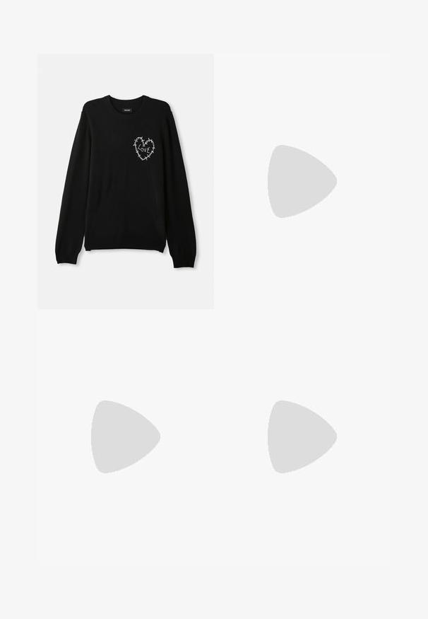 Maglione nero con colletto rotondo, maniche lunghe e un design di cuore ricamato bianco accentuato da filo spinato e la parola "AMORE."; Pantaloni neri a gamba larga con frontale plissettato, tasche laterali e una texture di tessuto liscia. Progettati per un fit comodo.; Stivale alla caviglia in pelle verniciata nera con punta arrotondata, cerniera laterale argentata, tacco a blocco con accentuazione argentata e base nera opaca.; Occhiali da sole neri con un design ovale elegante; lenti scure con gradiente; montatura in plastica lucida; logo ZIGN sulla gamba interna.
