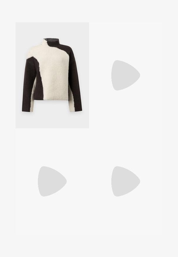 Pulover din fleece cu guler înalt, având un design colorat în blocuri de culoare maro închis și crem, prezentând o finisare moale și texturată.; Fustă plisată de culoare gri închis, cu un elastic în talie, având un material texturat și o siluetă clasică în A. Potrivită pentru ținute casual.; Pantof cu toc Mary Jane din piele patentată neagră, cu vârf ascuțit, curea ajustabilă și toc bloc, având un finisaj lucios și un design minimalistic.; Geantă din faux leather neagră cu textură de crocodil, cu partea superioară strânsă și o curea mototolită. Pare moale și compactă ca design.