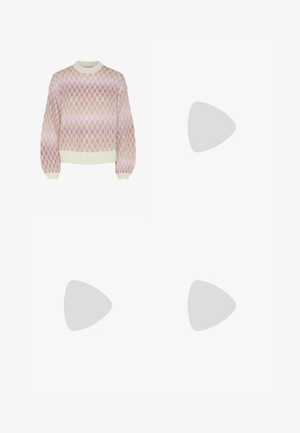 Strikket genser med rund hals, med et gradientmønster i myke rosa og beige nyanser, og ribbestrikkede mansjetter og kant.; Beige kordfløyelsbukser med løs passform, med strikk i livet, to frontlommer og vertikal ribbet tekstur.; Lys grå sneaker laget av semsket skinn og mesh, med tre hvite striper, rund tå og såle av gummi. Gull logo-aksent nær snørebåndene.; Grønn tanktop med blonderdetaljer ved skulderen og utringningen, med en tettsittende design og mykt stoff. Kombinert med lyse bukser.
