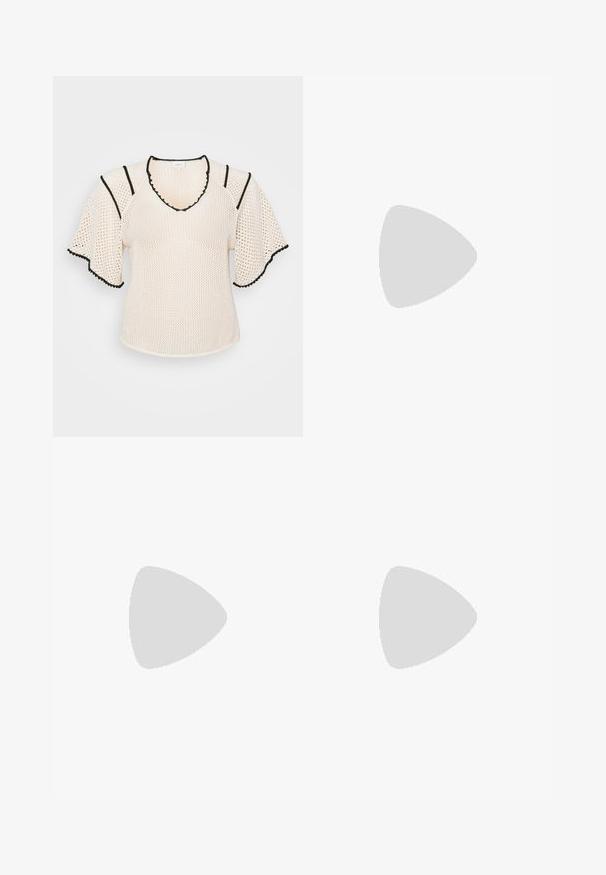 Lightweight cream mesh top with a V-neck, black trim, and short, flared sleeves. Features a textured pattern and scalloped edges.; Black flared pants made from a soft, stretchy fabric. Features a smooth waistband and a clean design with no visible embellishments.; Black leather ballet flat with a round toe, features a decorative bow and smooth texture. Minimalist design with a low, flat sole.; Black sunglasses with rounded edges and tinted lenses. Features gold accent hardware on the temples. Worn with a blue ribbed turtleneck and leather jacket.