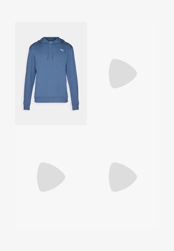 Blå hettegenser laget av myk stoff. Har kengurulomme, ribbede mansjetter og en hvit Puma-logo på brystet.; Grå tapered joggebukser med elastisk midje, sidelommer, mansjetter ved anklene og svart logo på venstre lår.; Svart løpesko med en blanding av mesh og syntetiske materialer, chunky såle, buet design og fremtredende merkevare på siden.; Svarte solbriller med en rund, litt bølgete ramme, mørke linser og rette svarte stenger. Glatt, glanset finish uten synlige mønstre.
