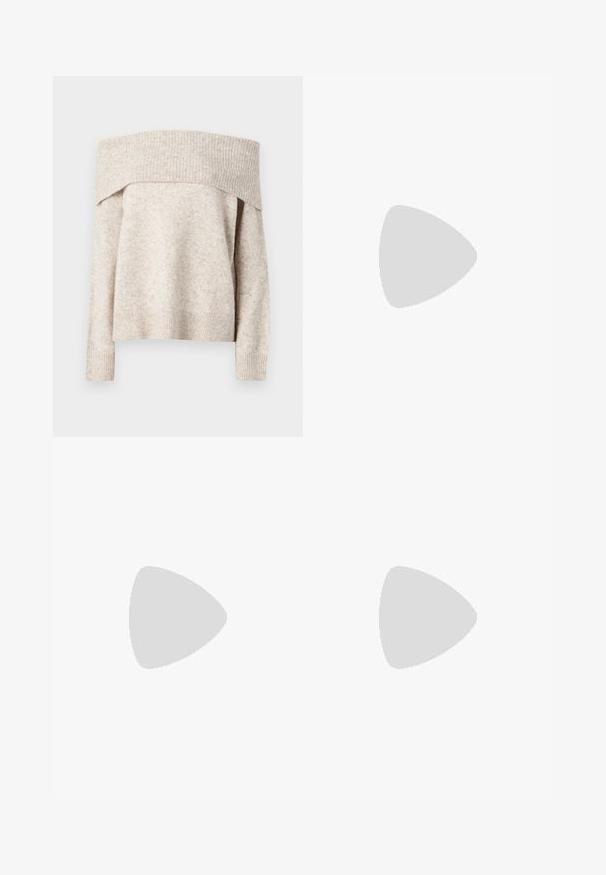 JJXX OFF SHOULDER - Pullover - fog; Pantalons en velours côtelé beige à coupe ample, dotés d'une taille à cordon, de deux poches avant et d'une texture côtelée verticale.; Basket en cuir suédé et mesh gris clair, avec trois bandes blanches, bout rond et semelle en caoutchouc naturel. Accent logo doré près des lacets.; Boucle d'oreille en métal doré avec un design élégant et courbé. Présente une forme conique distinctive, une surface polie et une fermeture à charnière.
