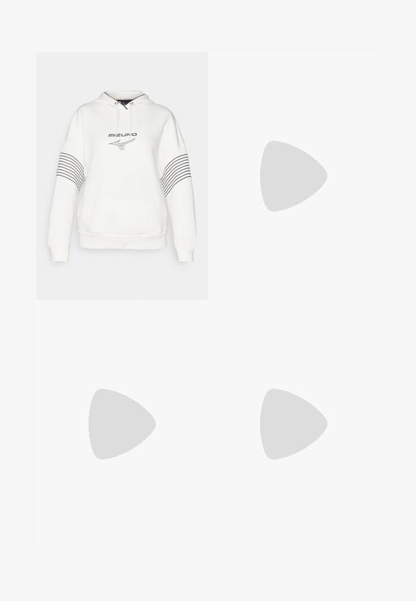 Mizuno ATHLETICS HOODY - Luvtröja - pristine; Svart tajt linne med tunna axelband, gjort av mjukt material. Har en rund halsringning och rena, sömlösa kanter.; Svarta idrottsshorts med elastisk midja, med en lagerdesign och en liten vit Nike-logga på nedre vänstra sidan. Lättviktig material.; Vit sportskor med en strukturerad ovandel, platt snörning och framträdande gummisula med vertikala spår. Har en logotyp på sidan.