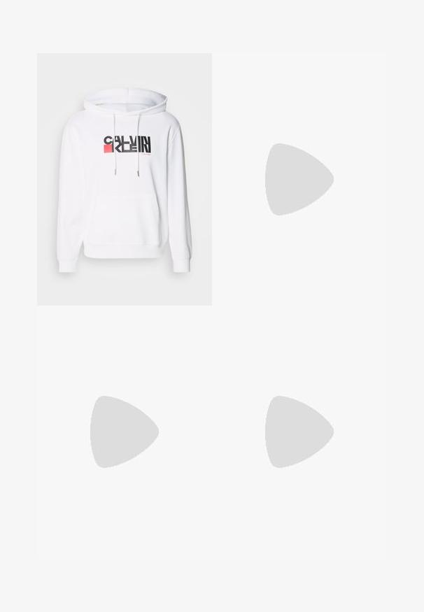 Bela kapuca s kapuco z zanko, z sprednjim žepom in črno-rdečim logotipom "CALVIN KLEIN". Zaveze z srebrnimi kovinskimi konicami, mehak otip.; Bela bombažna majica s kratkimi rokavi z ribastim ovratnikom, ki ima zelene in črne črte; majhen zeleni vezen logotip na levem prsnem delu.; Bela tekaška hlače s temno zelenimi stranskimi ploščami. Lahka material, elastični pas in prikrajšani robovi. Imajo mrežasto teksturo na stranskih ploščah.; Bela usnjena tenisa s okroglo sapo, vezavi na sprednji strani in črnim poudarkom na peti. Ima majhen izšit kroko logo na strani.