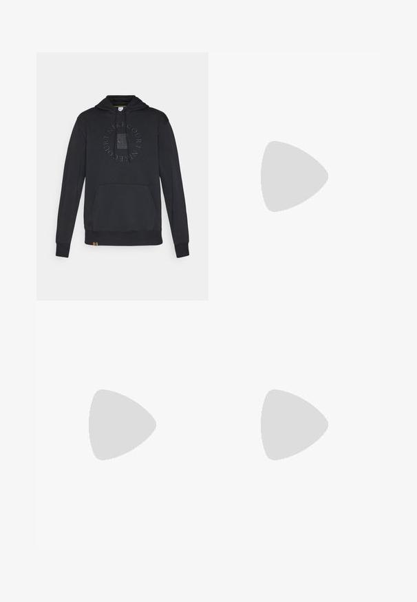 Black hoodie with a front pocket, drawstring hood, and circular "Nike Court" logo embossed on the chest. Features a colored tag at the hem.; Black sweatpants with an elastic waistband, cuffed ankles, and a small white Nike logo on the left side. Made from soft textured fabric.; Black athletic shoe with a textured fabric upper, white Nike swoosh, and thick white sole. Features a pull tab on the heel for easy wear.; Black plastic sunglasses with green lenses, square frames, silver accent on the brow, and textured temple arms. Stated brand on inner arm.