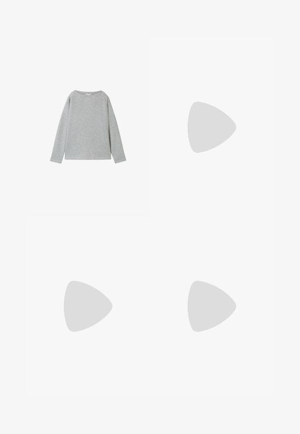 Maglione grigio chiaro a maniche lunghe in tessuto a coste. Presenta un collo ampio e una vestibilità rilassata. L'orlo e i polsini sono rifiniti con una cucitura semplice.; Jeans in denim azzurro chiaro a gamba larga con vita alta, chiusura con bottone e zip, e dettaglio con cordoncino in vita. Orlo grezzo.; Scarpe slingback nere con punta affusolata, finitura lucida e un elegante dettaglio a fiocco frontale. Suola piatta, design minimal.; Occhiali da sole tartaruga con lenti ovali, tonalità marrone e sottili aste decorate. Materiale in plastica leggero con accenti dorati discreti.