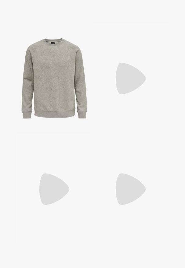 Grå sweatshirt lavet af blød stof, med lange raglanærmer, rund hals og ribbede manchetter og kant. Minimalistisk design, ingen mønstre.; Hvid sports t-shirt med korte ærmer, lavet af fugttransporterende stof. Har et sort logo på venstre bryst og en mønstret indvendig halsudskæring.; Sorte træningsbukser med en strækbar talje, hvide sidelameller og et lille hvidt logo på låret. Fremstillet af et glat, let materiale.; Sorte atletiksko med en tekstureret mesh-overdel, hvide accentstriber, en polstret sål og en forstærket hæl for støtte.