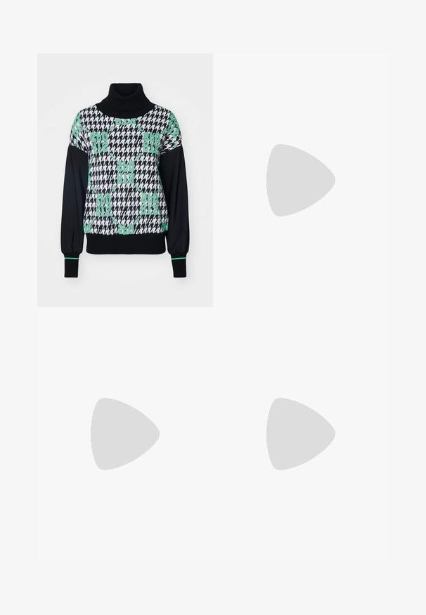 Mustat ja valkoiset houndstooth-kuvioidut villapaidat, joissa on korkea kaulus, kirkkaan vihreät yksityiskohdat ja ribbikuvioiset hihansuut. Materiaalit näyttävät pehmeiltä ja neulotuilla.; Mustat housut suoran istuvuuden kanssa, joissa on kaksinkertaiset laskokset, sileä pinta ja klassinen vyötärönauhan muotoilu. Ei näkyviä metalliosia tai koristeita.; Musta nahkakengät, joissa on teräväkärkinen muoto ja paksu neliöklippu. Sujuva pinta, yksinkertainen muotoilu, sopii virallisiin tilaisuuksiin.; Mustankasesta olkalaukusta, jossa on kaareva muoto, vetoketjukiinnitys ja säädettävä olkahihna. Etupuolella on kohokuvioitu brändilogon.