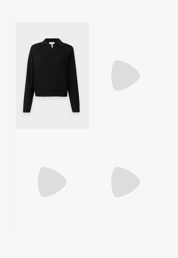Svart genser med v-hals og krage, lange ermer, ribbestrikkede mansjetter og en cropped hem. Laget av strikket stoff med jevn tekstur.; Svart skjørt med ribbe tekstur, med en gjennomsiktig bunn med horisontale striper. Designet er tettsittende og rekker til midt på leggen.; Svart lær slingback sko med spiss tå og smal, buet hæl. Har en diskret justerbar rem med en metallspenne.; Svart lær skulderveske med en jevn tekstur, med en sølvfarget spenne og glidelås-lukking. Justerbar stropp for allsidighet.