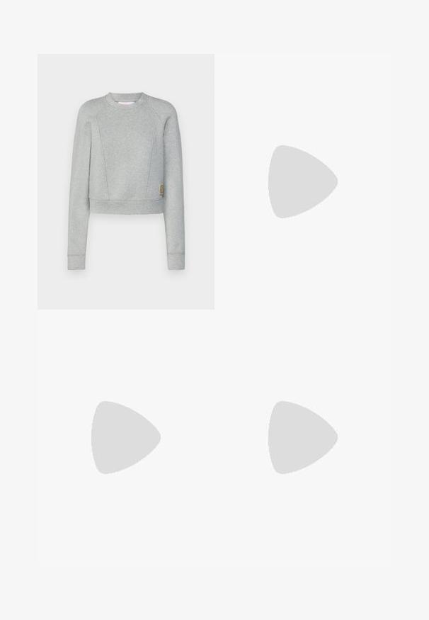 Sudadera gris recortada con mangas largas, hecha de un tejido suave. Presenta un cuello redondo, mangas raglán y un pequeño parche con logo en el costado.; Pantalones de pierna ancha hechos de tela gris oscura. Cuenta con pliegues en la cintura, un diseño a medida y una silueta recta.; Bailarina de piel negra con punta redondeada, textura suave, detalle de costura minimalista y diseño de suela flexible.; Gafas de sol de plástico negro con lentes verdes, montura cuadrada, acento plateado en la ceja y brazos texturizados. Marca indicada en el brazo interno.; Bolso de mano de cuero negro con detalles de flecos, correa de cadena dorada para el hombro y un asa con corte. Presenta una colocación del logotipo en la parte frontal.