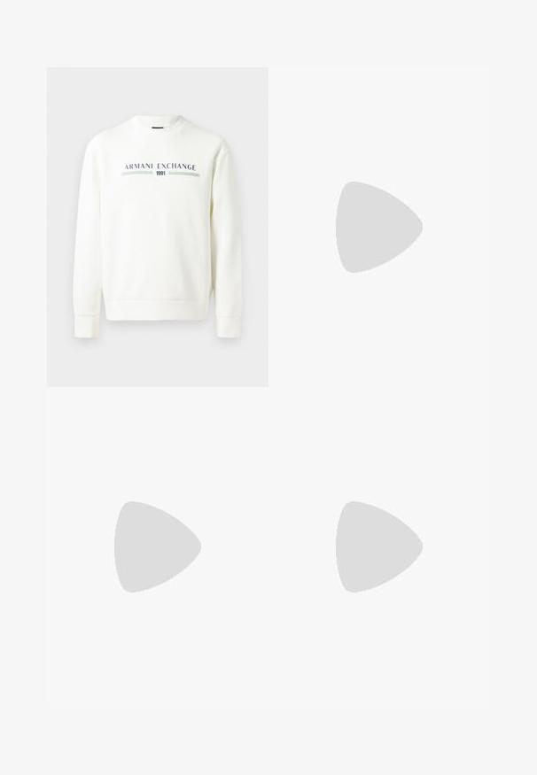 Fehér pulóver kerek nyakkivágással, hosszú ujjakkal és bordázott mandzsettákkal. Kék és zöld színű "Armani Exchange 1991" felirattal van díszítve.; Szürke pamut póló, diszkrét AX logó mintával, kerek nyakkal, rövid ujjakkal és laza szabással. Simaszerkezet, enyhén kopott stílussal.; Fehér, puha szövetből készült melegítőnadrág, elasztikus derékrésszel, szűkülő lábakkal és egy kis logóval a bal oldalon.; Fehér bőr sportcipő sima felülettel, kerek orral, lapos fűzőkkel és texturált talppal. Finom logó található a sarokon.