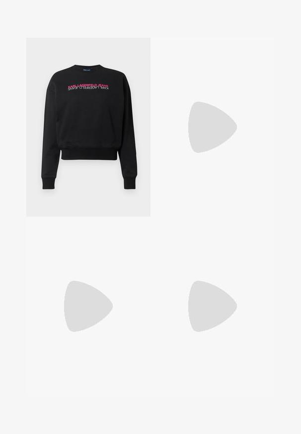 Black sweatshirt made of cotton blend, featuring ribbed cuffs and hem, with vertical text "KARL LAGERFELD JEANS" in pink and white on the front.; White long-sleeve shirt made of cotton, featuring a front pocket and black embroidered signature on the left side. Classic collar and button closure.; Pleated midi skirt in cream with black cursive text patterns, featuring a smooth waistband and flowing fabric for ease of movement.; Black pointed-toe high heels with a glossy finish and subtle textured pattern. Features a moderate heel and open throat design.