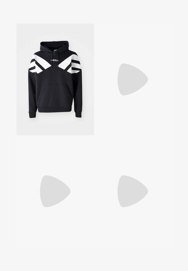 Sweatshirt preto com capuz, apresentando riscas diagonais brancas no peito e nas mangas, bolso frontal e logótipo na parte superior do peito.; T-shirts brancos de algodão, mangas curtas, design de gola redonda, com textura lisa, empilhados em fila, com uma marcação subtil na gola.; Calções pretos em algodão com uma cintura elástica, costuras laterais e um pequeno logótipo branco na perna esquerda. Textura suave, design até ao joelho.; Sneakers pretos com parte superior em camurça e sintético, apresentando três riscas brancas, sola de borracha texturizada e etiqueta azul no linguete.