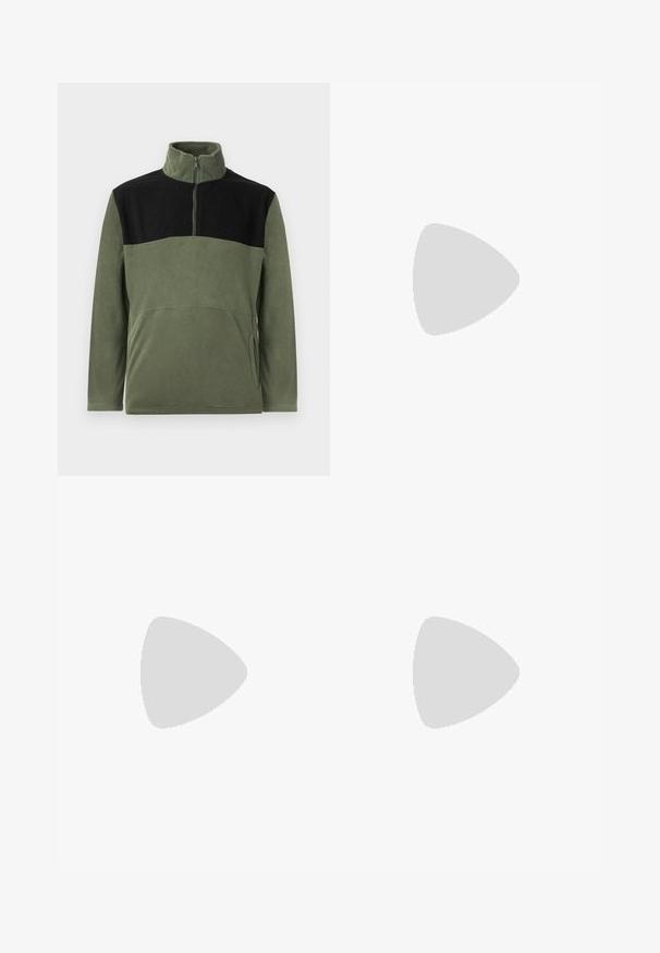 Pullover de fleece em verde oliva e preto, com colarinho alto, frente com meio zip e bolsos laterais. Textura suave com painéis em contraste.; Camisa de flanela verde com um padrão de xadrez apresentando linhas azuis, brancas e mostarda. Frente com botões e colarinho pontudo. Mangas compridas.; Jeans de denim pretos de perna reta com cinco bolsos, fecho de botão e passantes para cinto, dispostos em uma superfície branca.; Calças de algodão bege com desenhos bordados divertidos, incluindo uma personagem rosa e um bloco colorido, combinadas com sapatilhas pretas de atacadores.