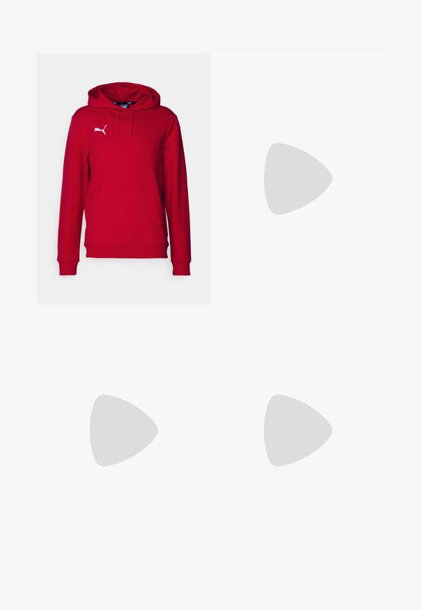 Red hooded sweatshirt made of cotton blend fabric. Features a white logo on the left chest, kangaroo pocket, and ribbed cuffs and hem.; Black cotton shorts with an elastic waistband, side pockets, and a relaxed fit, featuring smooth texture and straight hem.; Brown leather loafers with a smooth texture, rounded toe, and stitching detail. Features a low, stacked heel and slip-on design.; Five silver rings: one with a black circular detail, one with a white and black geometric pattern, and others with various shapes and finishes.