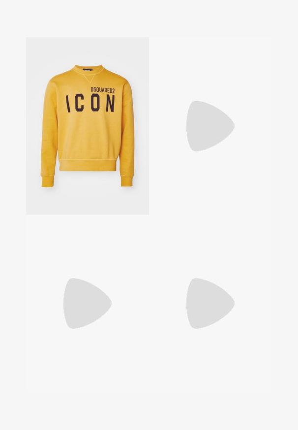 DSQUARED2 ICON COOL FIT CREWNECK - Mikina - sunflower; Černé bavlněné tričko s kulatým výstřihem, krátkými rukávy a logem "EMPORIO ARMANI" v bílém nad nápisem "Milano" v zakřiveném provedení.; Tmavě modré džíny s úzkým střihem, které mají skvrny od barvy, viditelné švy a standardní pětikošíkový design. Rovný střih nohavic.; Bílé kožené tenisky s hladkým povrchem, kulatou špičkou, plochými tkaničkami a texturovanou podrážkou. Na patě se nachází nenápadné logo.; Černé kulaté sluneční brýle s tmavými skly a tenkými kovovými nohami. Obsahují průhledné koncovky nožiček a stříbrné akcenty na pantu. Minimalistický design.