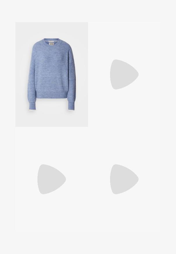 Light blue sweater made of soft, textured material. Features a crew neckline and long sleeves with ribbed cuffs. Minimalist design.; Black knee-length pencil skirt made of smooth fabric. Features a clean design with two front seams and a concealed zipper at the back.; Brown suede ankle boots with a pointed toe, block heel, and a smooth texture, paired with light blue wide-leg jeans.; Brown suede tote bag with black leather handles, featuring a wide, slouchy shape and minimalistic design, held by a person in brown pants.