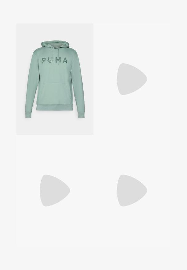 Vaalea vihreä huppari, jossa on kengurutasku, tekstitetty "PUMA"-logo rinnan kohdalla ja huppua varten nyörit.; Valkoinen pyöreäkauluksinen t-paita, joka on valmistettu puuvillasta. Siinä on lyhyet hihat ja pieni logo brodeerattuna vasempaan rintakehään. Pehmeä pinta.; Mustat verkkarit, jotka on valmistettu puuvillasekoitteesta. Niissä on joustava vyötärö ja pieni valkoinen logo vasemmalla puolella. Kapeneva lahkeensuunnittelu.; Valkoiset urheilunikenrät, joissa on sileä synteettinen päällinen, musta logo-aksentti ja rei'itetty yksityiskohta sivuilla. Kumipohja.