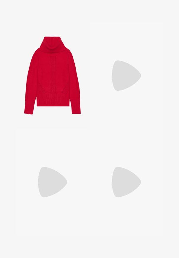 Pull à col roulé tricoté rouge présentant une texture côtelée, des détails verticaux, et de larges poignets et ourlet côtelés. Tissu doux et épais.; Jupe plissée noire en tissu texturé avec une taille ajustée. Arrive au genou, présentant une silhouette lisse et épurée.; Botte en cuir noir à la cheville avec des panneaux latéraux élastiques, bout rond et semelle en caoutchouc texturé. Elle dispose d'une poignée à l'arrière pour un enfilage facile.; Sac à main noir avec surface texturée, deux poignées supérieures et bandoulière réglable. Doté de quincaillerie dorée et de poches latérales.