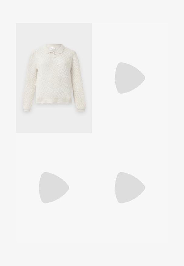 Cream-colored knitted sweater with diamond pattern, long sleeves, scalloped hem, and three buttoned collar.; Brown cotton A-line skirt with a high waist, featuring pleats down the front and a smooth texture. Hem finishes are clean and simple.; Burgundy patent leather ballet flat with a rounded toe, small bow accent at the front, and a low, black rubber sole. Smooth texture.; White rectangular clutch bag made of glossy material, featuring a silver chain strap. Model poses, showcasing the bag against a plain background.