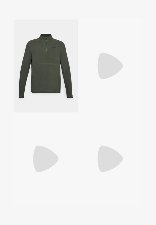 Pullover in felpa verde con mezza zip, dotato di colletto alto e logo a contrasto sul petto. Texture liscia, design aderente.; T-shirt nero a maniche corte realizzato in tessuto leggero, con il logo "TERREX" grigio chiaro sul petto e colletto tondo.; Pantaloni da esterno khaki con cintura nera regolabile, tasche con zip, polsini affusolati e gambe inferiori staccabili per uno stile versatile.; Scarpe da arrampicata grigie con una tomaia strutturata, punta in gomma nera, tre strisce scure e un piccolo accento rosso sulla suola.