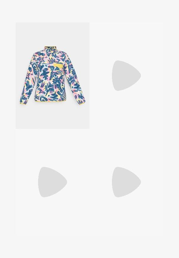Fleece-Pullover mit einem mehrfarbigen Blumenmuster, blauen, gelben und rosa Akzenten; verfügt über einen Viertelreißverschluss und eine Brusttasche mit Knopf.; Schwarzes Baumwoll-T-Shirt mit kurzen Ärmeln, das auf der Brust ein rundes, mehrfarbiges Logo zeigt. Gerader Saum und lockere Passform.; Schwarze Schwimmshorts aus leichtem Stoff, mit einem elastischen Bund, Kordelzug und seitlichen Taschen für Funktionalität.; Schwarze Sportschuhe mit einem atmungsaktiven Mesh-Obermaterial, Gummisohle, weißem dämpfenden Zwischensohle und reflektierenden Schnürsenkeln. Vibram-Logo auf der Sohle.