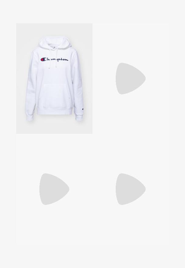 Champion ICONS CONTRAST LARGE LOGO - Sudadera - white; Camiseta blanca de manga corta hecha de un tejido ligero, con un escote redondo y un logotipo negro en el pecho. Textura suave con un corte relajado.; Leggings negros de tejido elástico, con cintura alta, piernas ajustadas y puños en los dobladillos, con una textura suave y mate.; Zapatillas deportivas blancas con una parte superior texturizada, acentos turquesas y un talón rojo. Usadas con calcetines blancos acanalados. Cuentan con cordones y marca.