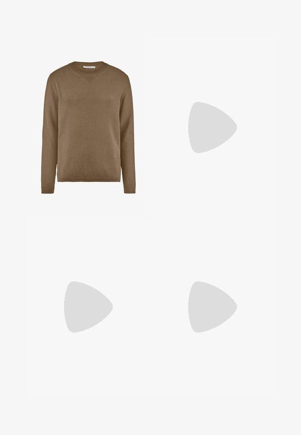 hessnatur Strickpullover - camel; Hellblaue, slim-fit Jeans aus Denim mit fünf Taschen und geradem Bein. Mit Reißverschluss und Gürtelschlaufen ausgestattet. Weicher Stoff.; Weiße Sneaker mit Wildlederelementen, runder Zehenpartie, flachen Schnürsenkeln und einer cremefarbenen Gummisohle. Mit grünen Markenlogo am Fersenbereich.; Schwarze rechteckige Sonnenbrille mit dunklen Gläsern, dickem Kunststoffrahmen, goldenen Akzenten an den Bügeln und eingraviertem Markenlogo am Arm.