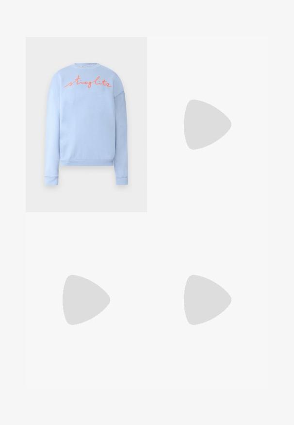 Light blue sweatshirt made of soft cotton blend, featuring a ribbed crew neck and cuffs. "Stieglitz" embroidered in orange across the chest.; Knit white midi skirt featuring a textured pattern with vertical lines and cut-out details near the hem. Elastic waistband. Soft material.; Black leather ballet flat with a rounded toe, smooth texture, minimal stitching detail, and a flexible sole design.; Brown leather handbag with a flap closure, gold-tone hardware, a shoulder strap, and a smooth texture. Compact rectangular shape.