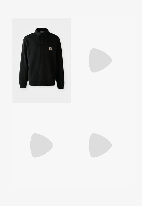 Polo preto de manga longa com três botões e um pequeno emblema quadrado da Carhartt no lado esquerdo do peito, contra um fundo branco.; Camiseta atlética preta sem mangas, feita de um tecido liso, com gola redonda e um pequeno logotipo da Nike na parte superior esquerda.; Calças de treino pretas feitas de um material leve e brilhante, com uma cintura elástica, corte afunilado e bolsos com fechos de correr. Apresenta um detalhe com o logótipo.; Sapatos de desporto pretos com parte superior em malha, superfície texturizada e cápsulas de amortecimento de ar visíveis. Combinados com calças verde-oliva e meias pretas.