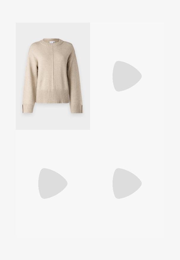 Beige knitted sweater with a round neck, ribbed hem, and cuffs. Features a vertical seam detail at the front and side slits at the hem.; Black high-waist jeans with a button and zip closure, front pockets, and flared legs laid flat on a white background.; Brown suede ankle boot with beige fur trim, featuring a silver buckle accent and a chunky black sole with a thick tread pattern.; Black leather tote bag with two long handles, a smooth texture, and a structured shape. Features a front pocket for additional storage.