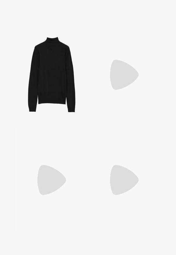 Calliope Jumper - nero; White cotton t-shirt with short sleeves, crew neckline, and a relaxed fit. Smooth texture with no visible patterns or accents.; Black pants with a straight-leg design, made from a smooth fabric. Features front pleats and a single button closure at the waist.; Black leather loafers with a rounded toe, slip-on design, and thick rubber sole featuring a textured grip. Elevated heel and subtle stitching details.; Black rectangular sunglasses with dark lenses, featuring a thick frame, subtle accents on the sides, and no visible logos beyond the brand name.; Casio Watch - silver-coloured
