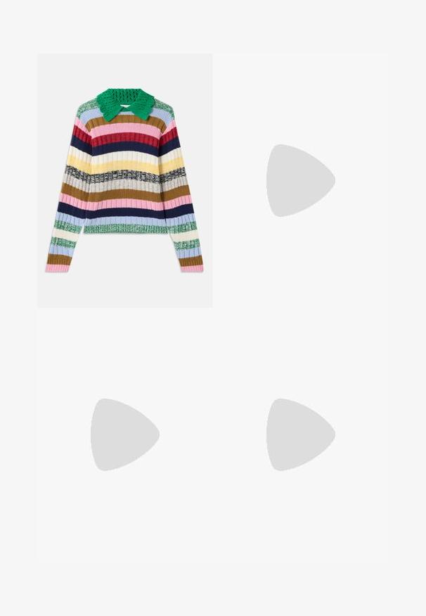 Multicolored ribbed sweater with a green knitted collar. Features horizontal stripes in pink, navy, beige, yellow, and green.; Wide-leg pants in olive green fabric with floral embroidery. Features a button closure and side pocket. Textured stitching detail throughout.; Beige leather ballet flat with rounded toe, minimal seam detailing, low heel, and subtle logo on the back. Smooth, matte texture.; Tortoiseshell sunglasses with oval lenses, brown tint, and gold accents on the arms. Thick frames with a glossy finish and smooth texture.