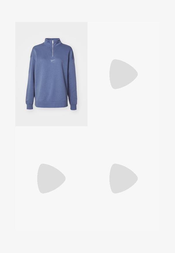 Nike negyed cipzáras pulóver egyszínű kék anyagból. Magas nyakkal, hosszú ujjakkal rendelkezik, és a mellkason egy kis fehér logó található. Simább textúra.; Három ujjatlan póló kék, fekete és fehér színben. Az anyaga bordázott, kerek nyakkivágással. Minden pólón egy "even&odd" feliratú címke található.; Beige vászon nadrág magas derékkal, széles lábakkal és négy nagy oldalzsebbel. Tartós anyagból készült, sima textúrával és minimális részletekkel.; Ezüst és szürke hálós felsőrésszel, fehér cipőfűzőkkel és fekete logóval rendelkező Nike sportcipők, széles szárú söt�ét farmernadrággal viselve.
