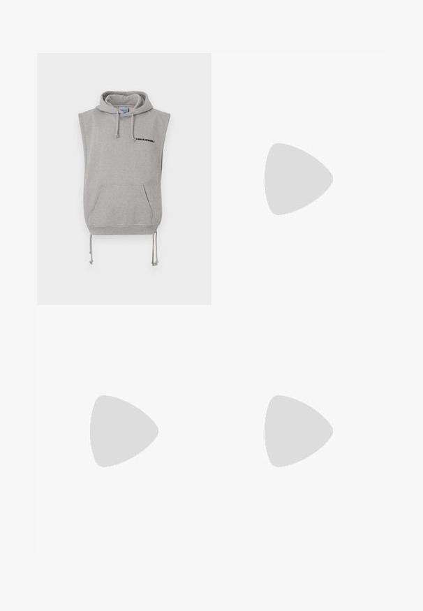 Sleeveless gray hoodie made of cotton blend fabric. Features a front pocket, adjustable drawstrings, and black printed text near the neckline.; Black short-sleeve t-shirt made of cotton, featuring a round neckline and a small logo detail near the hem. Smooth texture, regular fit.; Black trousers made of smooth fabric, featuring a drawstring waist, straight legs, and front pleats for a structured look.; Black suede sneaker with a white rubber sole, featuring tonal stitching and lace-up design. Smooth texture with a modern, streamlined shape.