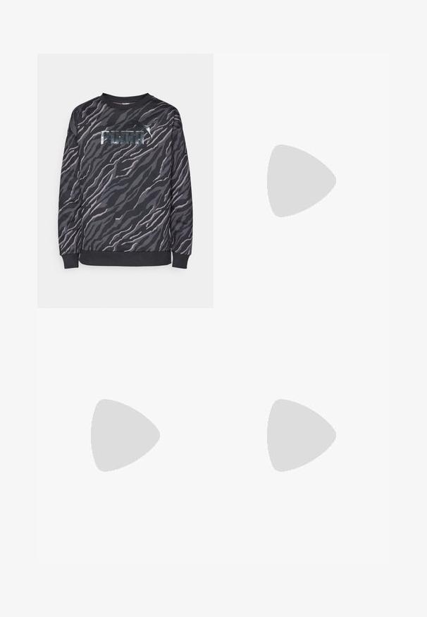 Melna un pelēka džemperis ar tīģera svītru rakstu, kuram priekšā ir metāla "PUMA" logo, apaļa kakla izgriezums un ribotas piedurknes.; Melna īsām piedurknēm T-kreklā, izgatavots no viegla auduma, ar apaļu kakla izgriezumu un baltu Puma logo uz krūšu daļas.; Melni sporta legingi, izgatavoti no elastīgas auduma, ar augstu jostasvietu, sānu kabatām un mazu atstarojošu logotipu uz kreisā augšstilba.; Tumši zaļa un balta Puma sporta apavu pāris ar rakstainu spilventiņu, attēloti gaisā uz sporta zāles grīdas pie svaru stieņa plaukta.