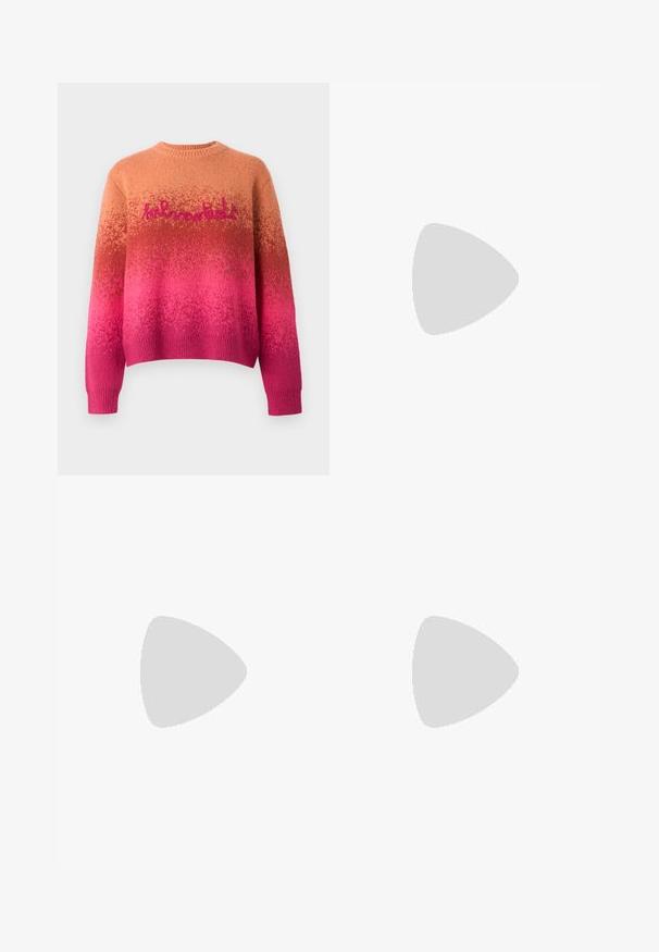 Pull en tricot avec un dégradé de l'orange au rose, col rond et coupe ample. "hlmn" brodé en rose sur la poitrine.; Jupe en denim bleu clair avec une fente à l'avant et un ourlet brut. Comprend un style classique à cinq poches et une fermeture bouton à la taille.; Ballerines en cuir noir avec un bout rond, texture lisse, détails de couture minimalistes et design de semelle flexible.; Sac à main noir en cuir texturé de forme arrondie. Doté d'une fine bandoulière et de motifs en relief décoratifs.