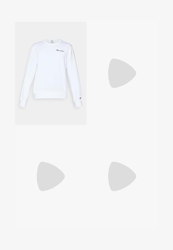 Hvit bomullssweatshirt med lange ermer, rund halslinning, ribbede mansjetter og nedkant, med en liten svart "Champion"-logo på brystet.; Hvit bomull t-skjorte med rund hals, kortermet, og med svart brodert "Champion" logo på brystet og på ermeakkcent.; Grå jersey-materiale shorts med elastisk linning og en marineblå "Champion"-logo på nedre venstre side.; Hvite atletiske joggesko med en glatt syntetisk overdel, svart logo-akcent og perforerte detaljer på siden. Gummisåle.