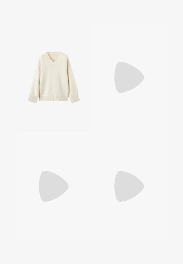 Cremefarbener Pullover mit V-Ausschnitt, geripptem Saum und Bündchen, gestrickter Textur, lockerer Passform und abgefallenen Schultern für zusätzlichen Komfort. ; Schwarze weit geschnittene Jeans mit hoher Taille, ausgestattet mit Vorder- und Hintertaschen, gesteppten Nähten und einem Knopfverschluss. Glatte Textur.; Bershka High Heel Sandalette - black; Even&Odd Handtasche - brown