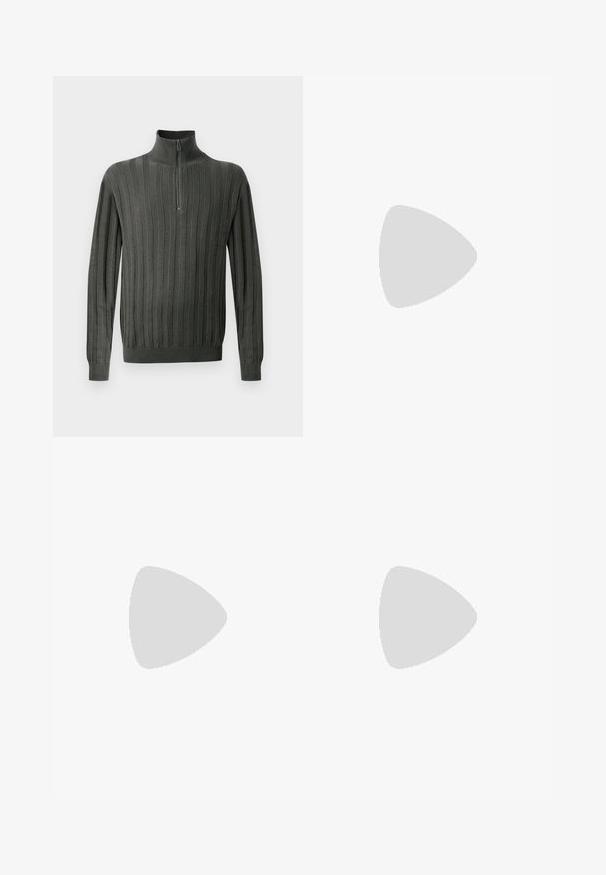 Dark green knit sweater with a half-zip collar, featuring vertical ribbed texture and fitted cuffs. Soft fabric, casual design.; Wide-leg blue jeans made of denim with a faded finish. Features five pockets, a front button closure, and a straight cut.; Black leather loafers with a smooth texture, rounded toe, and a decorative strap across the vamp. Low stacked heel, minimalist design.; Black leather crossbody bag with a zippered front pocket, embossed logo, and adjustable strap. Smooth texture with a structured shape.