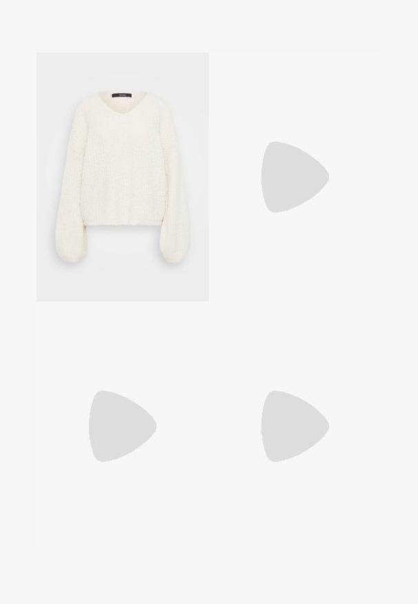 White knit sweater with a V-neck, long puff sleeves, and a textured finish. Cropped design enhances the loose, comfortable fit.; Three fitted T-shirts in white, gray, and black. Each features a wide scoop neckline and short sleeves. Made from smooth, stretchy fabric.; Black flared pants made of stretchy fabric, featuring a high waistband and a smooth texture. The pants flare out from the knee.; Black high-top sneakers with white rubber soles and laces. Features a round logo patch and contrasting white stitching. Canvas material.